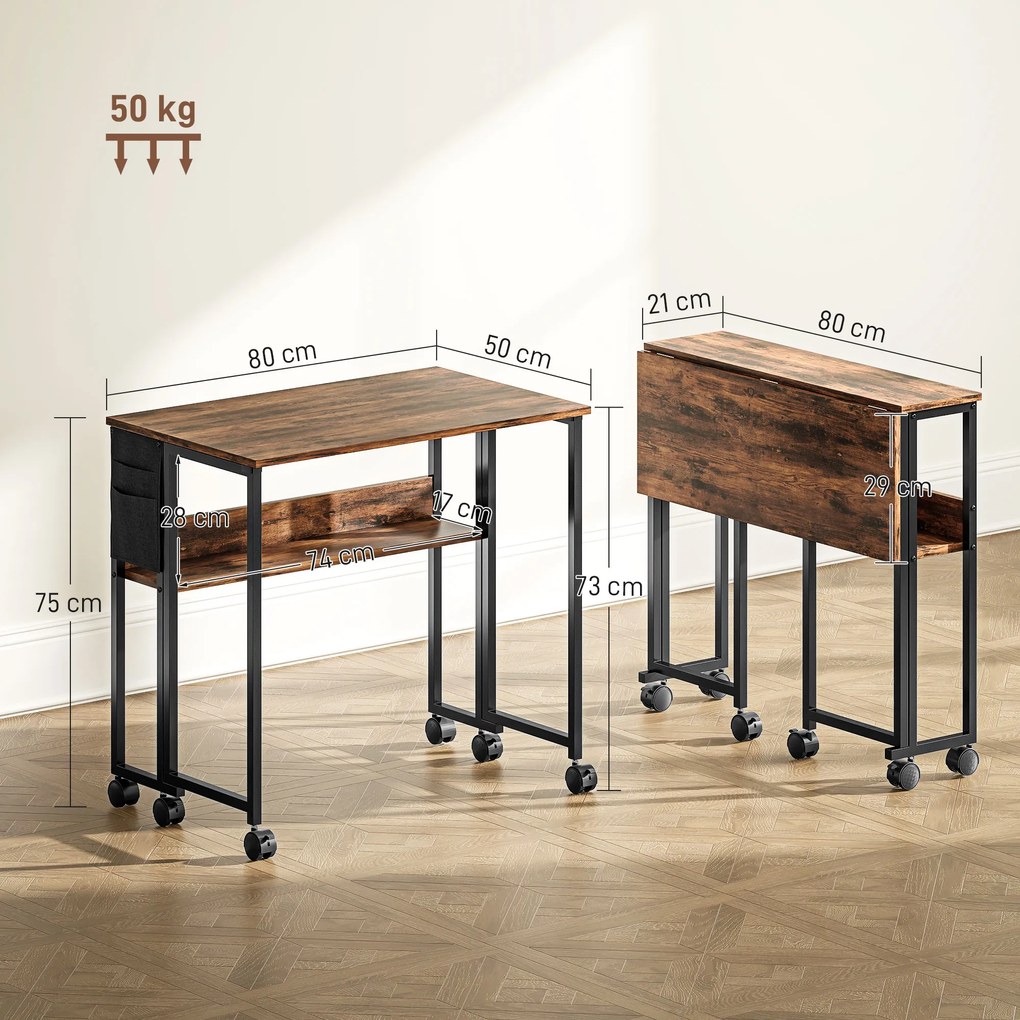 HOMCOM Birou Pliabil de 80 cm cu Raft de Depozitare și Blat Pliabil pe Roți - Maro Rustic | Aosom Romania