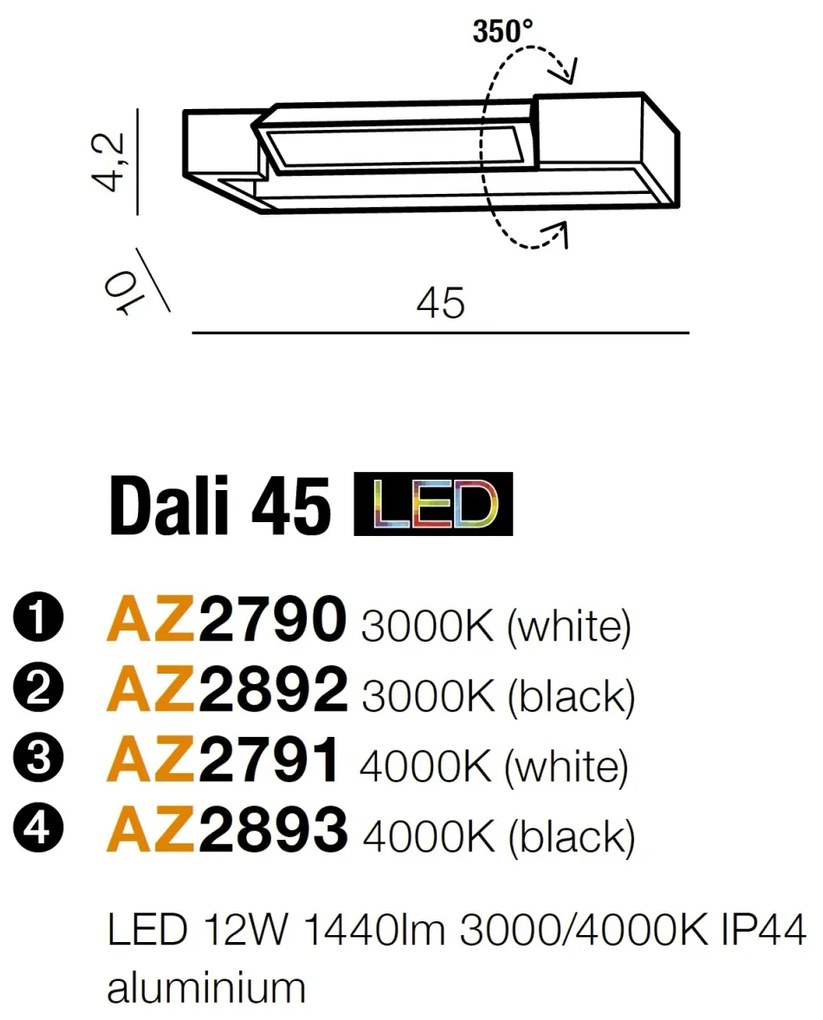 Aplica LED pentru baie directionabila 3000K Dali 45 neagra