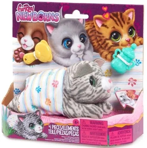 FurReal Newborns KITTY, pisicu interactivă depluș, albă/gri