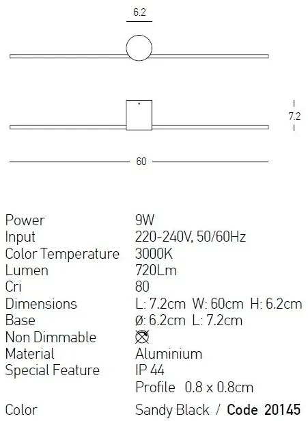 Aplica LED de perete pentru baie design minimalist Tory 60cm