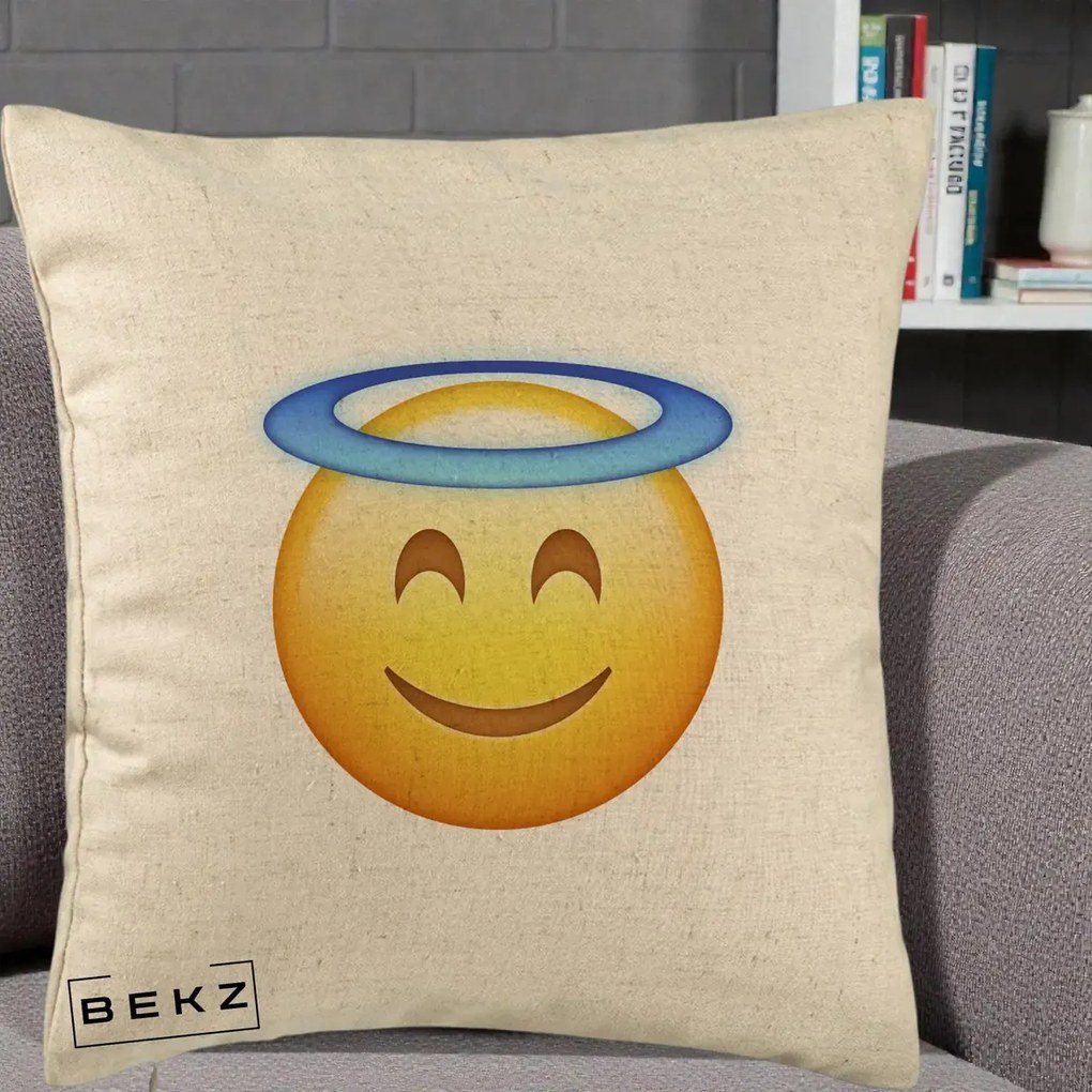 Perna Decorativa Emoji Inger cu Aureola, 40x40 cm, Bej, Husa Detasabila, Perna Inclusa, BEKZ®