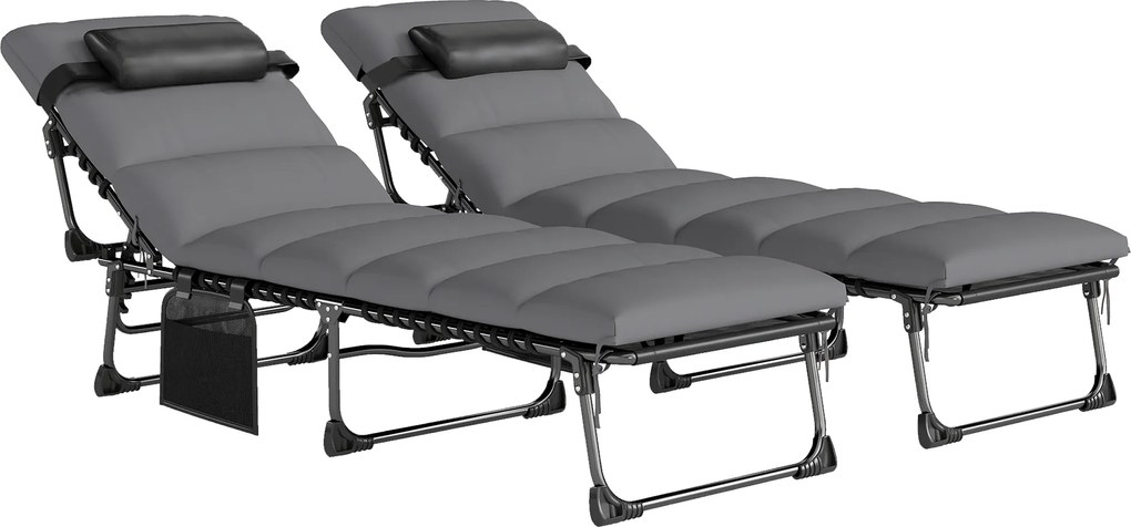 Outsunny Set de 2 Șezlonguri de Grădină Saltea XXL 9cm Reglabil 180° Complet Pliabil în 5 Poziții 200x57x38cm Gri | Aosom Romania