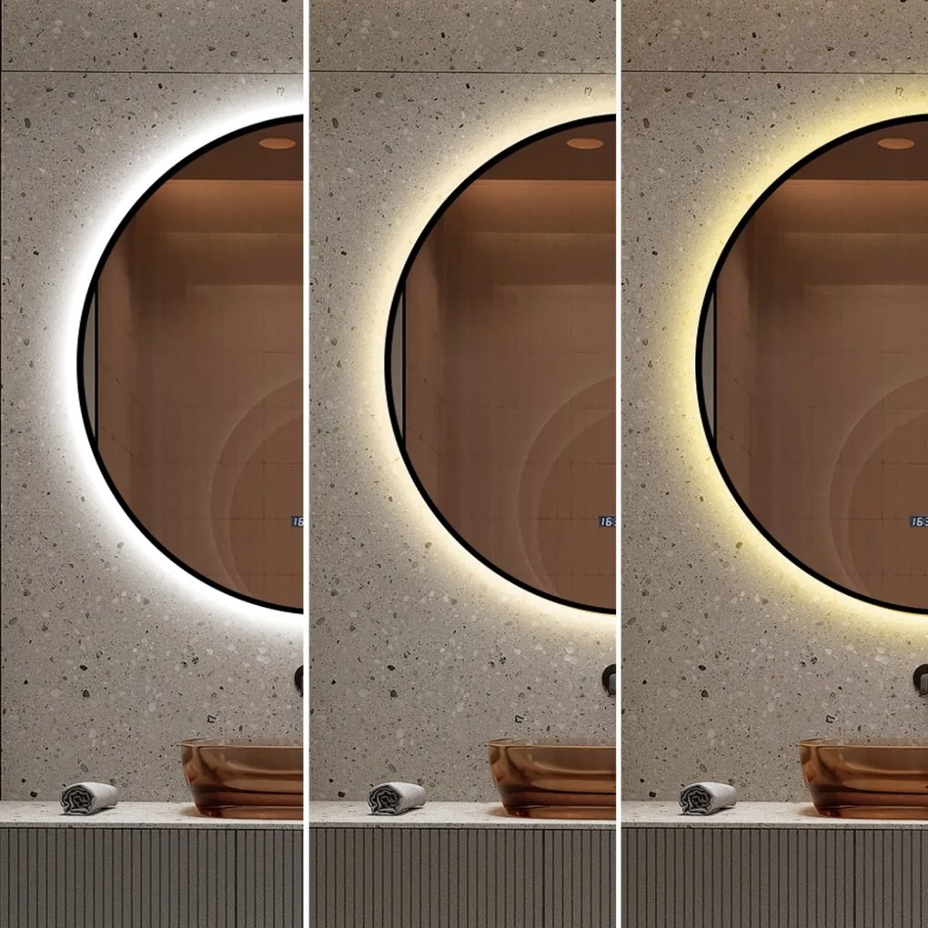 Oglindă LED Touch Premium, Dezaburire, Rama Negra, 3 Tipuri Lumină 80 cm