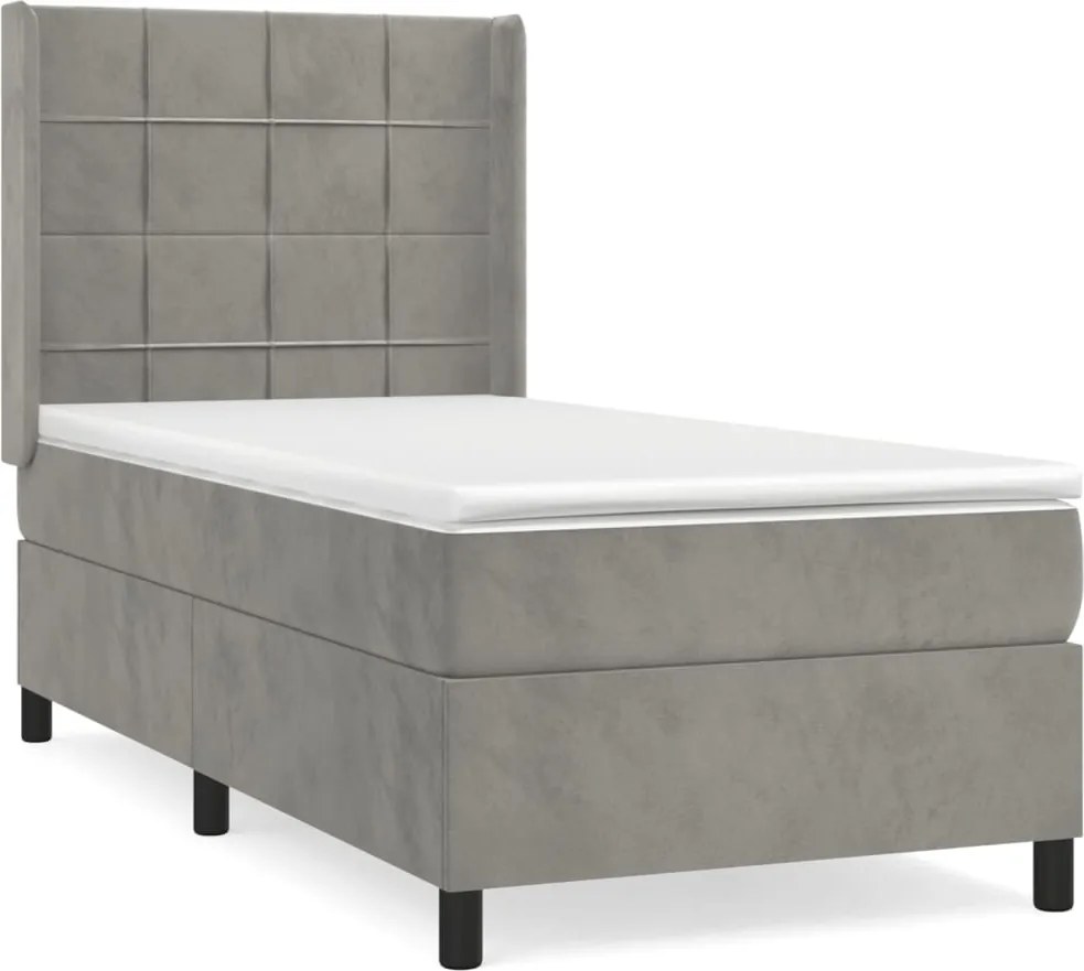 vidaXL Pat box spring cu saltea, gri deschis, 90x200 cm, catifea