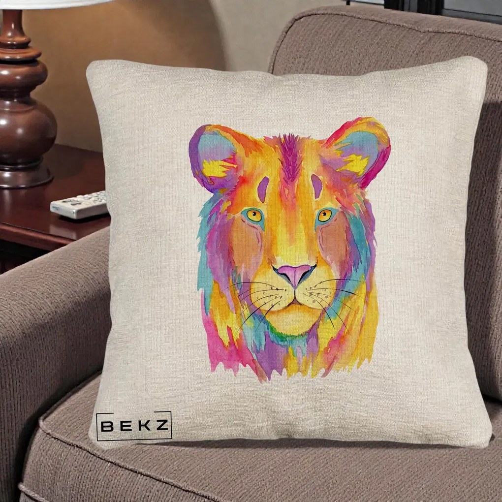 Perna Decorativa Leu Acuarela Curcubeu, 40x40 cm, Bej Canapea, Husa Detasabila, Perna Inclusa, BEKZ®