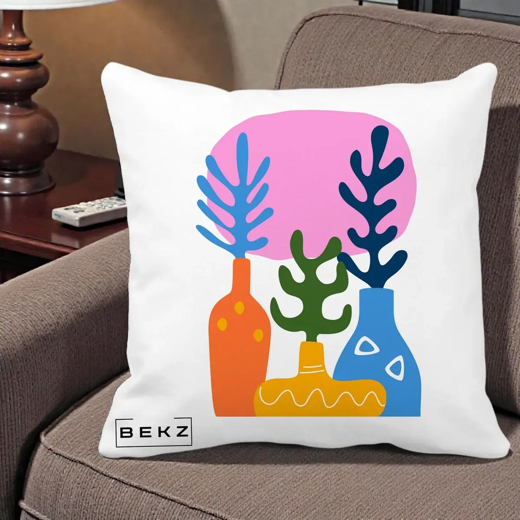 Perna Decorativa Vaze Botanice Abstract, 40x40 cm, Alba Mata, Husa Detasabila, Perna Inclusa, BEKZ®