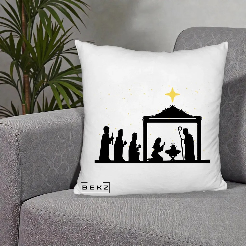 Perna Decorativa Nasterea Pruncului Silueta Neagra si Stea Aurie, 40x40 cm, Alb Pufos, Husa Detasabila, Perna Inclusa, BEKZ®