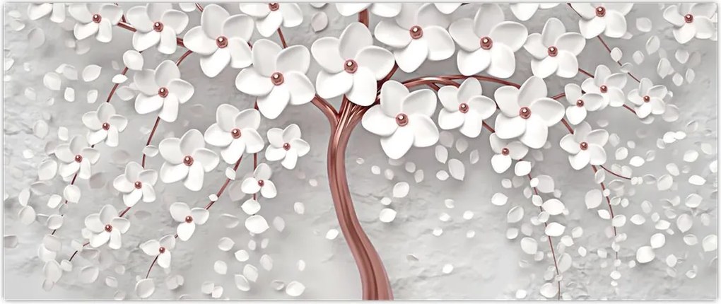 Tablou - Imaginea copacului alb cu flori albe, rosegold (120x50 cm)