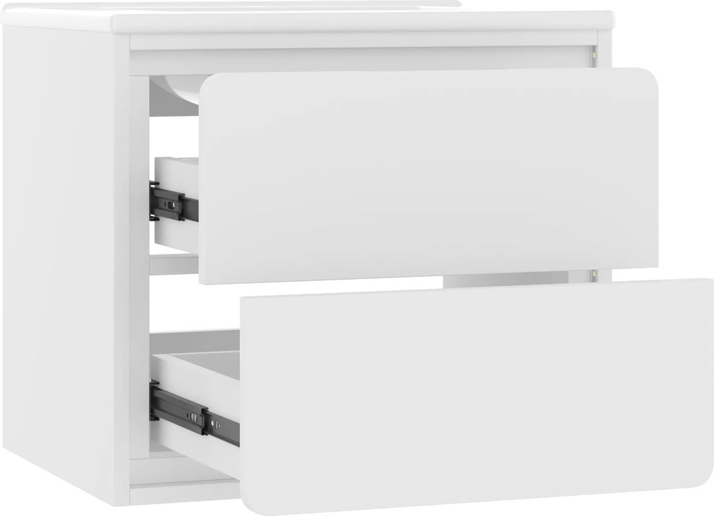 Dulap de baie suspendat pe perete cu iluminare LED cu senzor radar, două sertare și chiuvetă integrată din ceramică, 60x46x50 cm, Alb