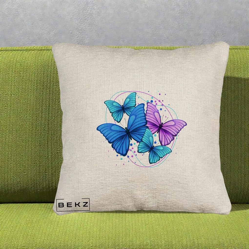 Perna Decorativa Patru Fluturi Turcoaz-Violet, 40x40 cm, Bej Canapea, Husa Detasabila, Perna Inclusa, BEKZ®
