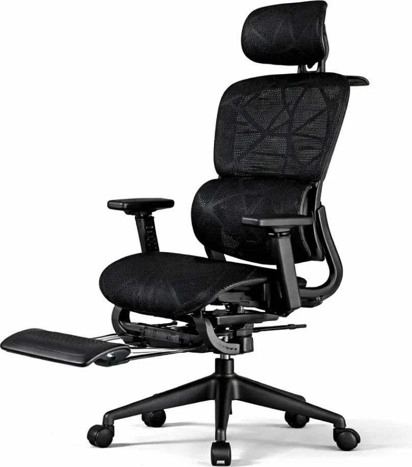 Scaun ergonomic, functie translatie sezut, cotiere reglabile 3D, tetiera 3D, suport lombar 3D Adaptive, pivotant, suport picioare, Negru