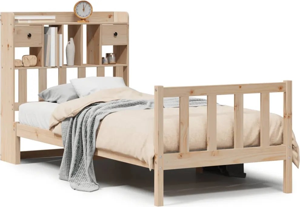 vidaXL Pat cu bibliotecă fără saltea, 90x200 cm, lemn masiv pin