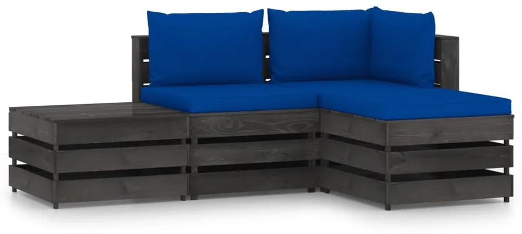 Set mobilier de gradina cu perne, 4 piese, gri, lemn tratat albastru si gri, 4