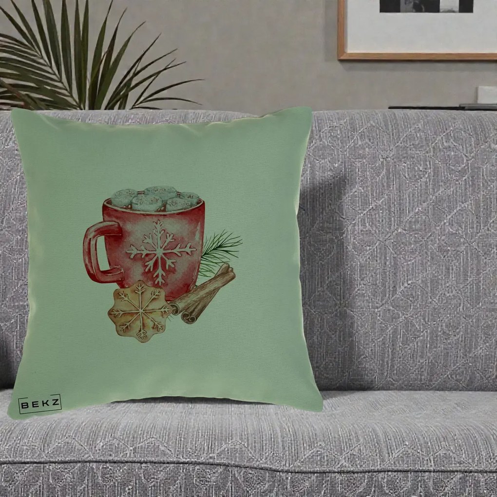 Perna Decorativa Cacao de Iarna cu Biscuit, 40x40 cm, Verde, Husa Detasabila, Perna Inclusa, BEKZ®