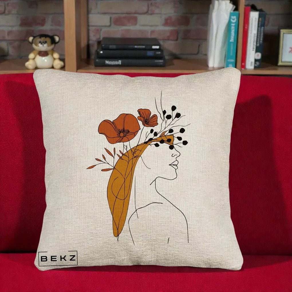 Perna Decorativa Portret Feminin Maci Rosii Auriu, 40x40 cm, Bej Canapea, Husa Detasabila, Perna Inclusa, BEKZ®