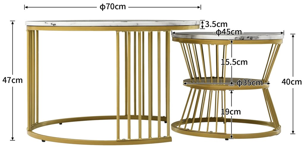 Set de 2 Măsuțe de Cafea Moderne, din MDF cu Finisaj Efect de Marmură și Structură Metalică Aurie, 70x70x47 cm și 45x45x40 cm, Alb