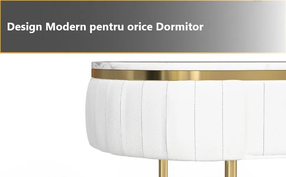 SEA75 - Set Masa toaleta, 100 cm, cosmetica, masa machiaj cu oglinda, masuta vanity cu scaun - Alb-Auriu