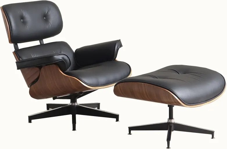AVALON Accent Lounge Chair & Ottoman – Fotoliu Premium cu Taburet, Design Ergonomic, Piele Ecologică PU Premium, Furnir culoare Lemn Nuc, Bază Pivotantă din Aluminiu, Negru