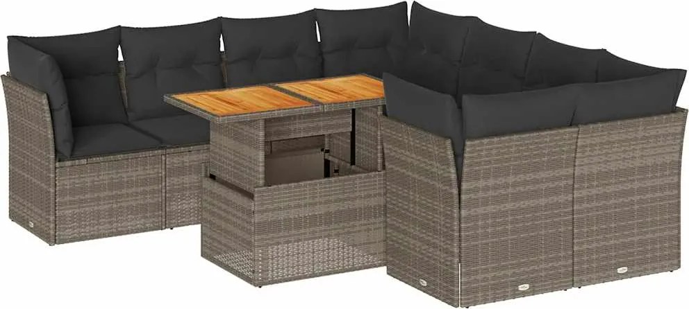 vidaXL Set canapele de grădină, 9 piese, cu perne, gri, poliratan