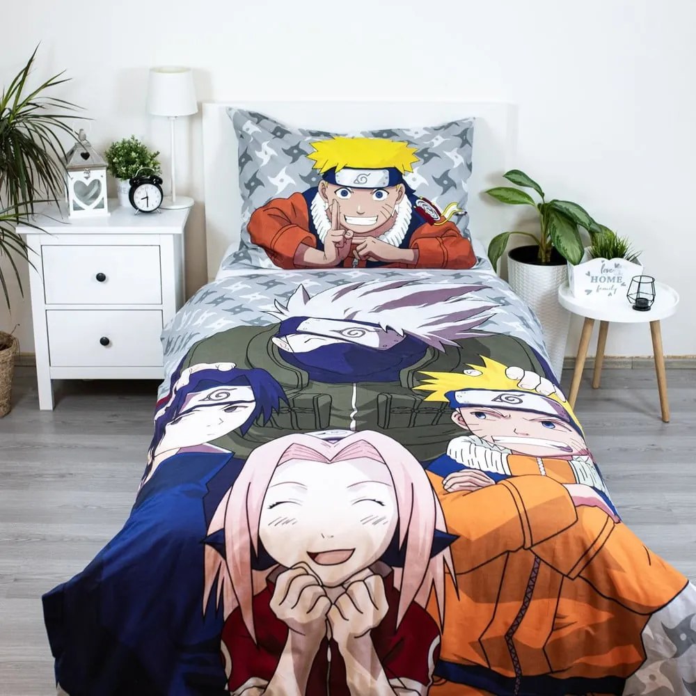 Lenjerie de pat pentru copii din bumbac pentru pat de o persoană 140x200 cm Naruto "Grey" – Jerry Fabrics