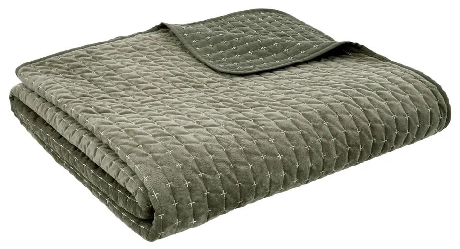 Cuvertură verde matlasată din catifea 240x260 cm Attica Velvet Embroidered – Bianca