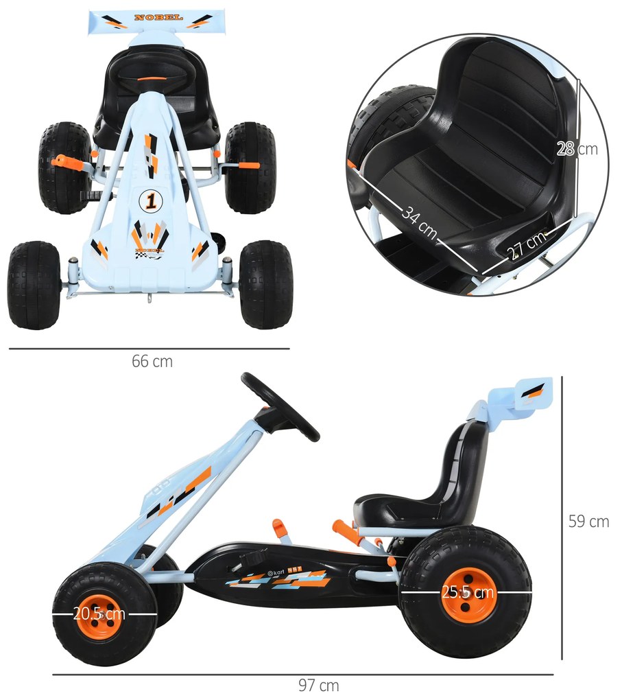 HOMCOM Go-Kart cu pedale și frână manuală, scaun reglabil, pedală, marsarier, kart cu lanț, vehicul pentru copii, jucărie auto-pedalier pentru copii de la 3 ani Albastru deschis | Aosom Romania