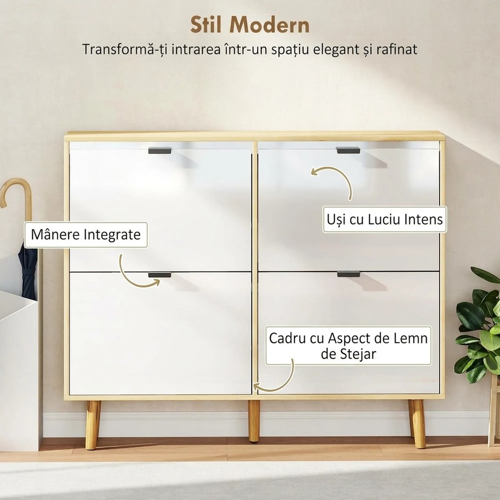 HOMCOM Dulap de pantofi subțire modern cu 4 sertare rabatabile pentru 20 de perechi de pantofi, Alb | Aosom Romania