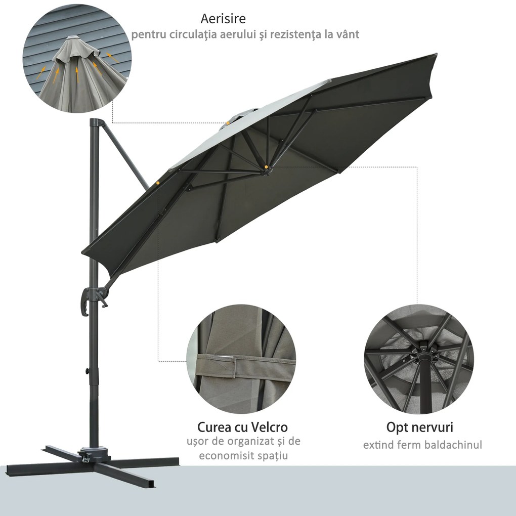 Outsunny Umbrel de Gradină cu Manivelă cu Înclinare Reglabilă, Umbrelă cu Braț și Stinghii, Ø2.95x2.5 m, Gri | Aosom Romania