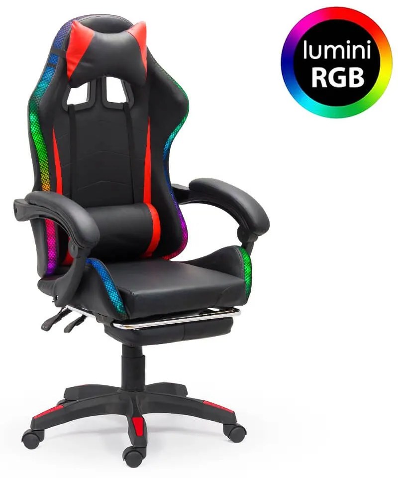 Scaun de gaming cu masaj și iluminare RGB din piele ecologică OFF 303 roșu cu negru