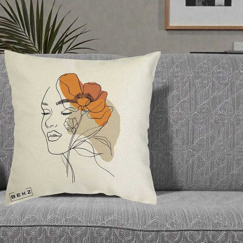 Perna Decorativa Portret Feminin Mac Mare Portocaliu, 40x40 cm, Ecru, Husa Detasabila, Perna Inclusa, BEKZ®