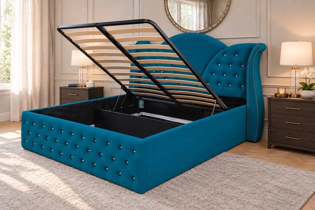 Pat tapițat Chesterfield din catifea Velora Cristal 160×200 cm, turcoaz, cu ladă de depozitare