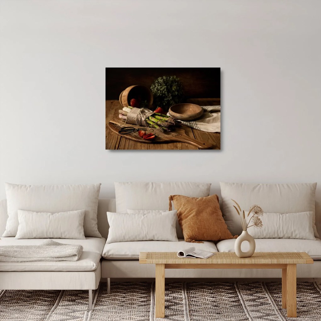 Tablou pe sticlă cu sparanghel pe masă (70x50 cm)