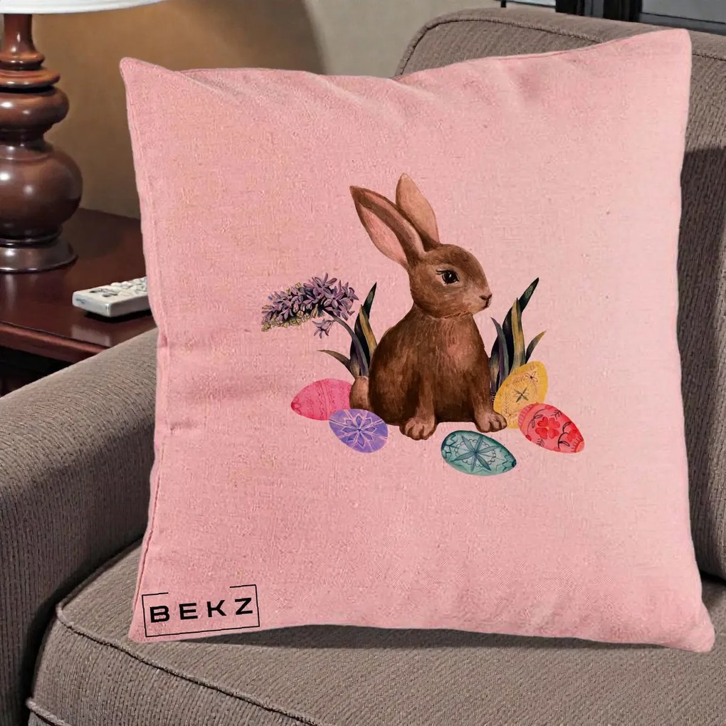 Perna Decorativa Iepuras cu Oua de Pasti Acuarela, 40x40 cm, Roz, Husa Detasabila, Perna Inclusa, BEKZ®