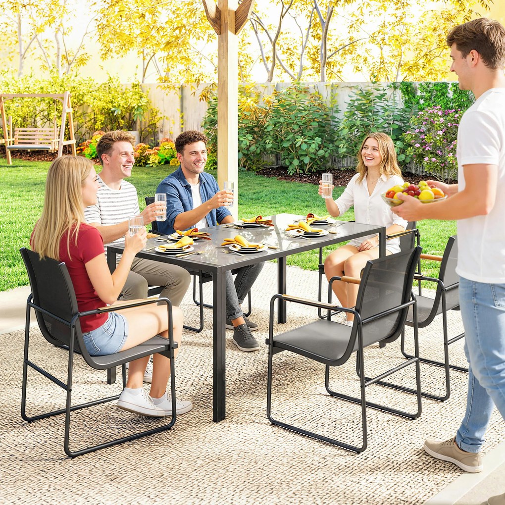 Outsunny Set masă și scaune pentru grădină cu masă din sticlă securizată și 6 scaune respirabile pentru terasă/patio, gri | Aosom Romania