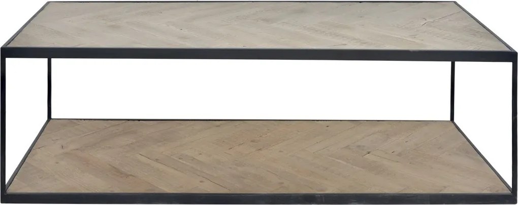 Măsuță de cafea dreptunghiulară din lemn reciclat și metal, natur și negru, cu model în spic și raft, 37 x 120 x 50 cm, „Versailles”