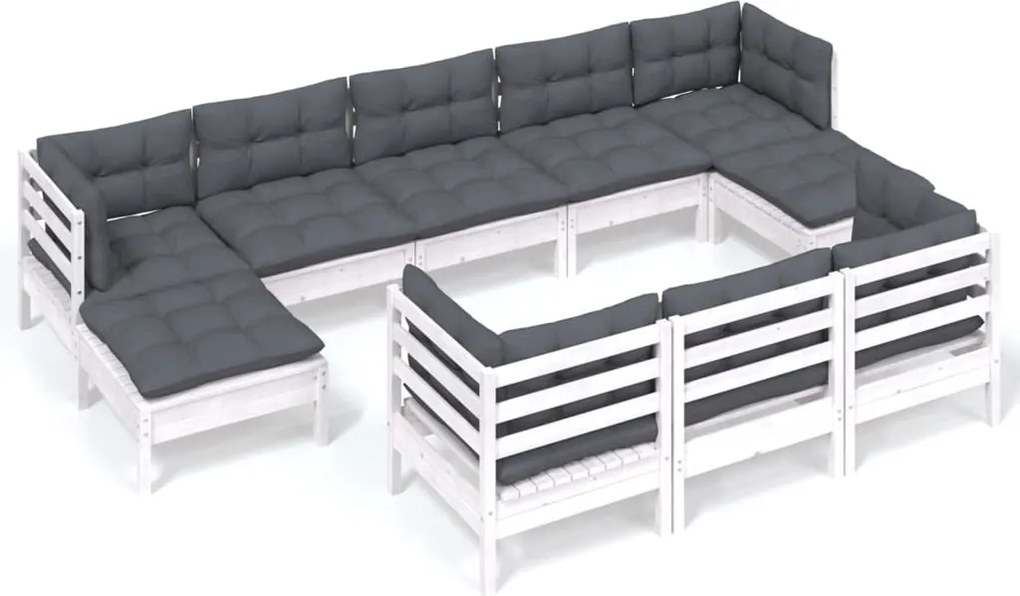 vidaXL Set mobilier de grădină cu perne, 10 piese, alb lemn masiv pin