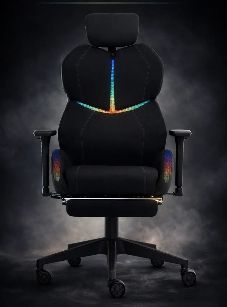 LUMINA X-Motion Pro – Scaun Gaming & Office Premium cu LED RGB și Suport pentru Picioare – Confort Inteligent și Design Spectaculos, Textil, Negru