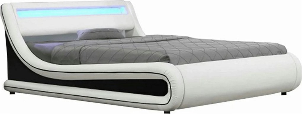Pat MANILA NEW 160x200, alb/negru, PAL/piele ecologica, cu iluminare L