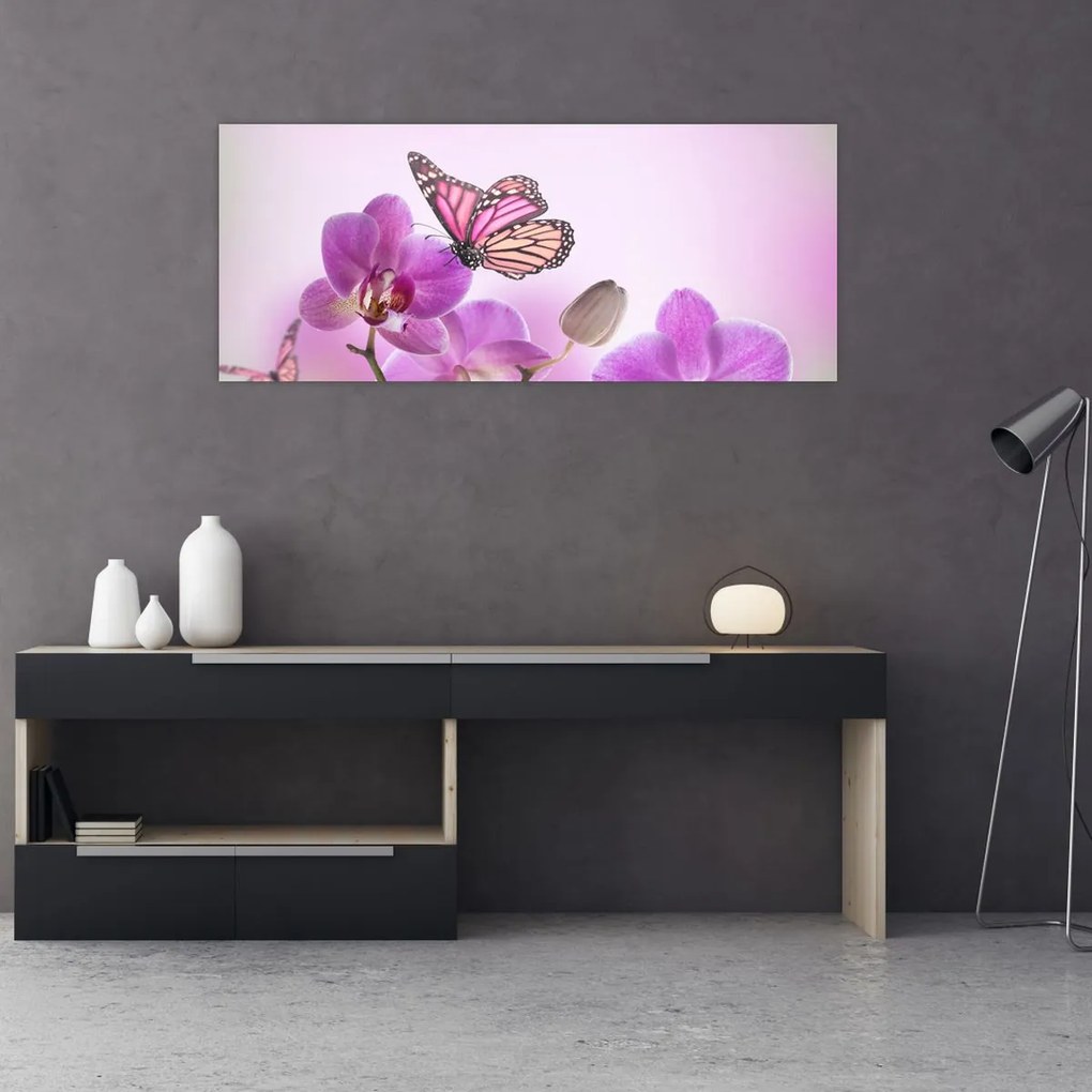 Tablou - Fluture pe flori de orhidee, liliac (120x50 cm)