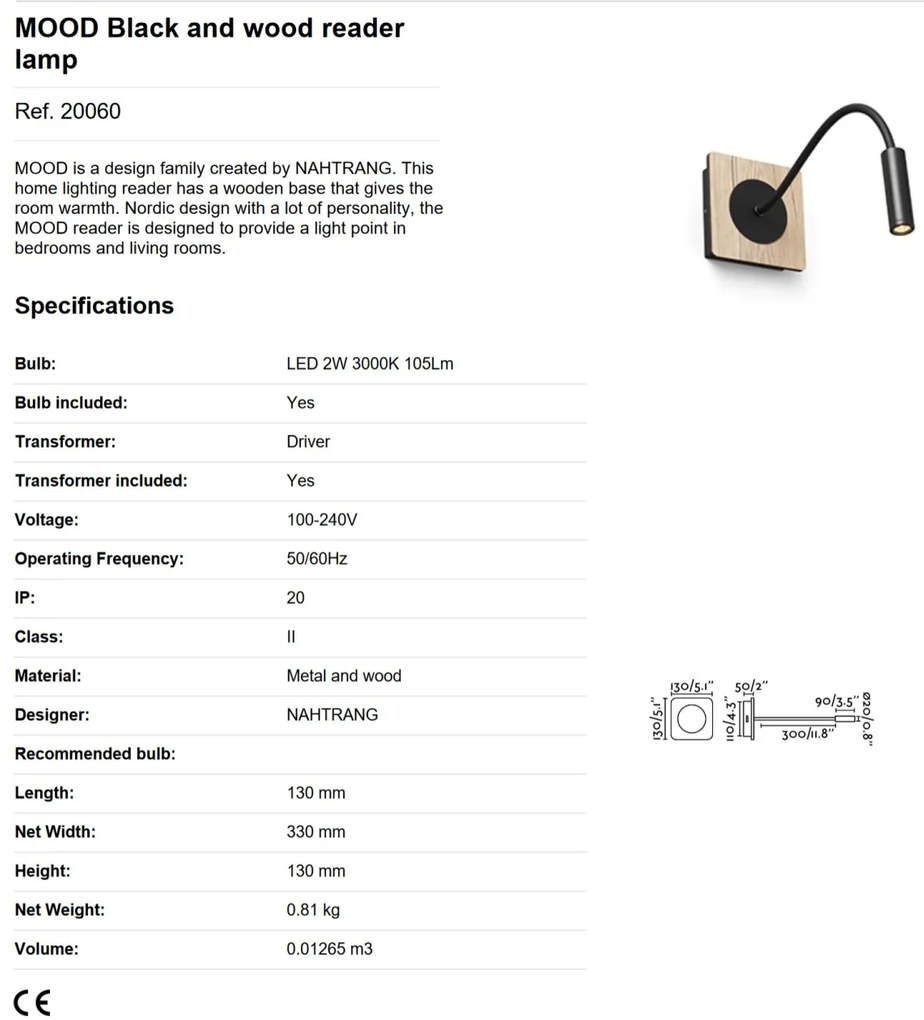 Aplica minimalista cu reader LED design nordic MOOD lemn/negru