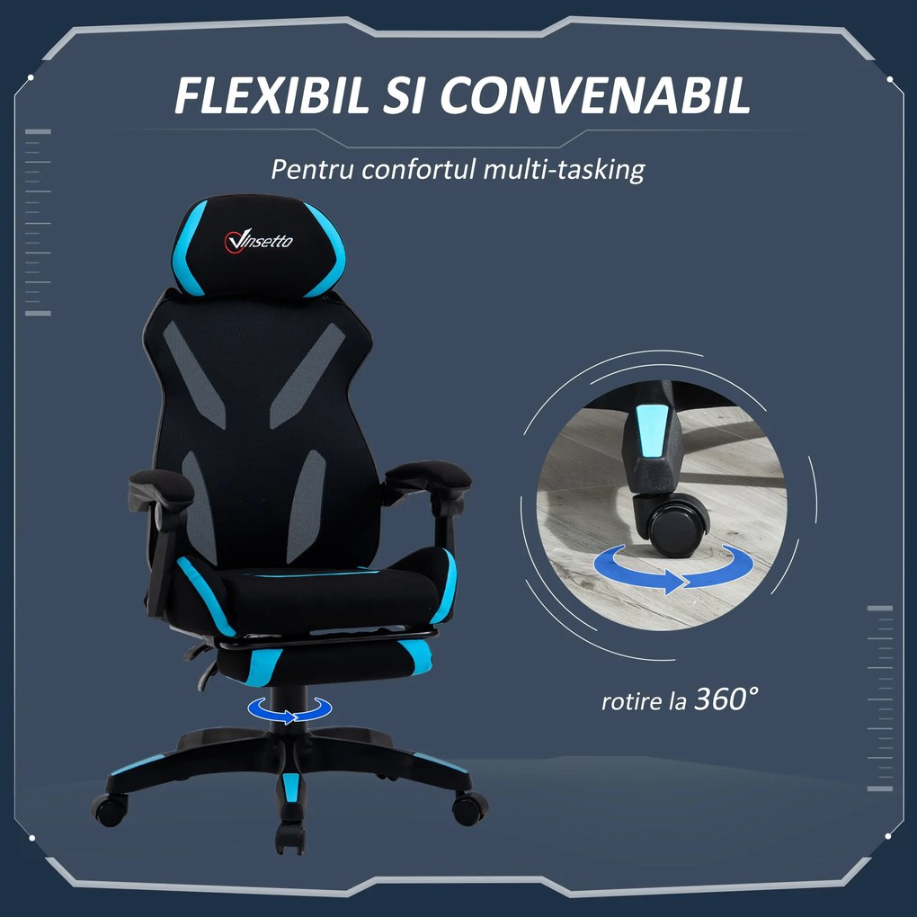 Vinsetto Scaun Gaming cu Suport Lombar, Scaun Birou Ergonomic cu Inălțime Reglabilă din Țesătură, 65x65x119-129 cm, Negru și Albastru | Aosom Romania