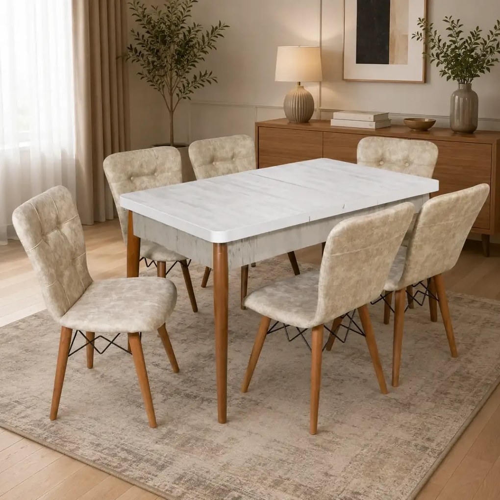 Set masa extensibila cu 6 scaune tapitate Homs cristal alb-bej 170 x 80 cm