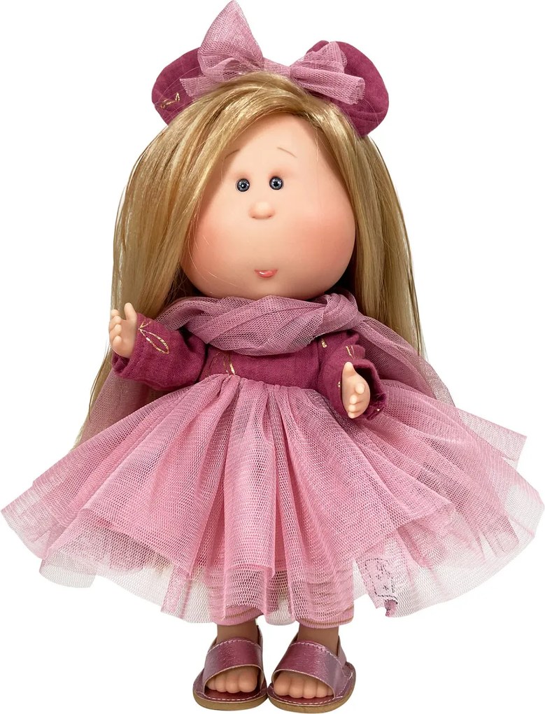 Papusa Nines D'Onil, Mia, cu parul blond si funda roz, cu articulatii, cu miros de vanilie, 30 cm