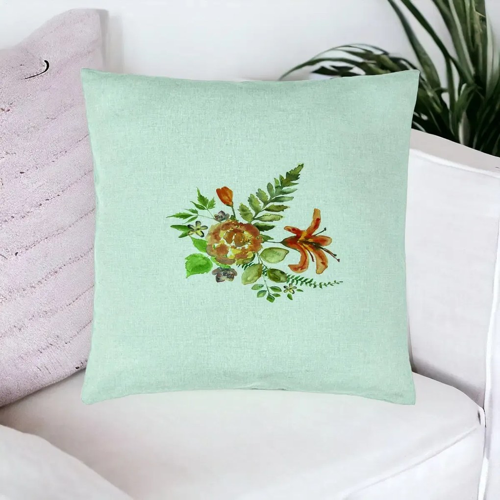 Perna Decorativa, Model Florale, 40x40 cm, Verde Menta, Husa Detasabila, Perna Inclusa, BEKZ®