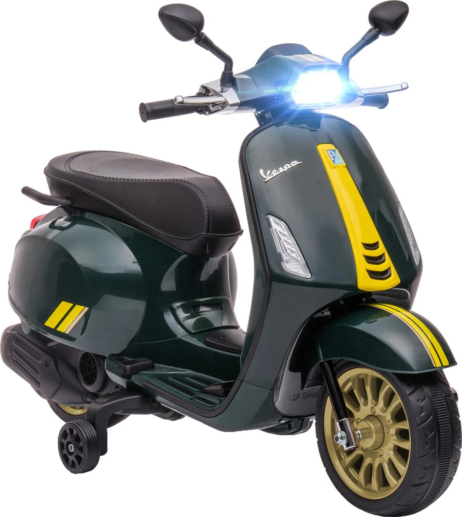 AIYAPLAY Motocicletă electrică pentru copii Vespa 6V dim. 107L x 47l x 73H cm Muzică MP3 Port USB Far 2 roți de antrenare - Verde | Aosom Romania