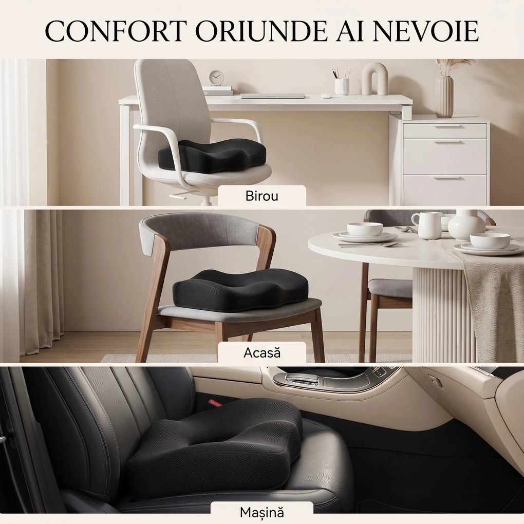 Perna ortopedica sezut memory foam cu gel si orificii de ventilatie, fermitate extra, Negru