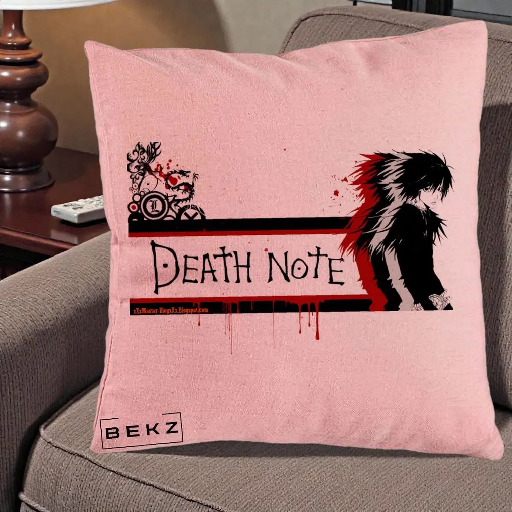 Perna Personalizata Death Note L Lawliet Rosu-Negru, 40x40 cm, Roz, Husa Detasabila, Perna Inclusa, BEKZ®