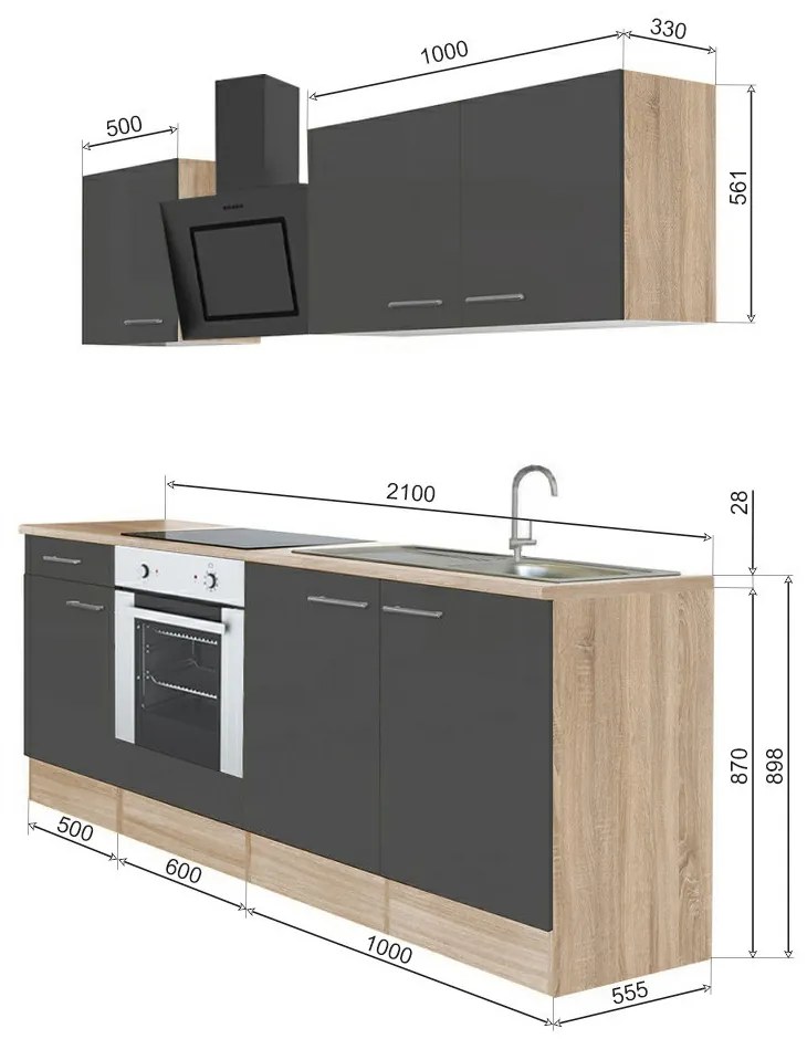 Mobilă de bucătărie Yorki 210, corp din stejar sonoma, față antracit satinat cu element inferior al cuptorului