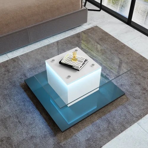 Măsuță de cafea modernă din sticlă lucioasă cu bandă LED reglabilă și roți pivotante, 80×80×40 cm, Alb+Negru