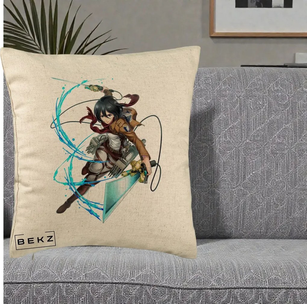Perna Personalizata Attack on Titan Mikasa Ackerman Lupta, 40x40 cm, Bej, Husa Detasabila, Perna Inclusa, BEKZ®